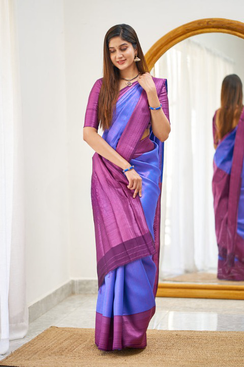 Dynamic Royal Blue Color Soft Lichi Silk Saree With Blouse Piece