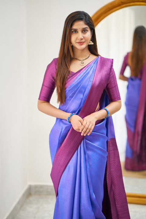 Dynamic Royal Blue Color Soft Lichi Silk Saree With Blouse Piece