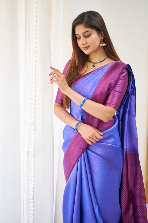 Dynamic Royal Blue Color Soft Lichi Silk Saree With Blouse Piece