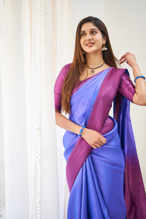 Dynamic Royal Blue Color Soft Lichi Silk Saree With Blouse Piece