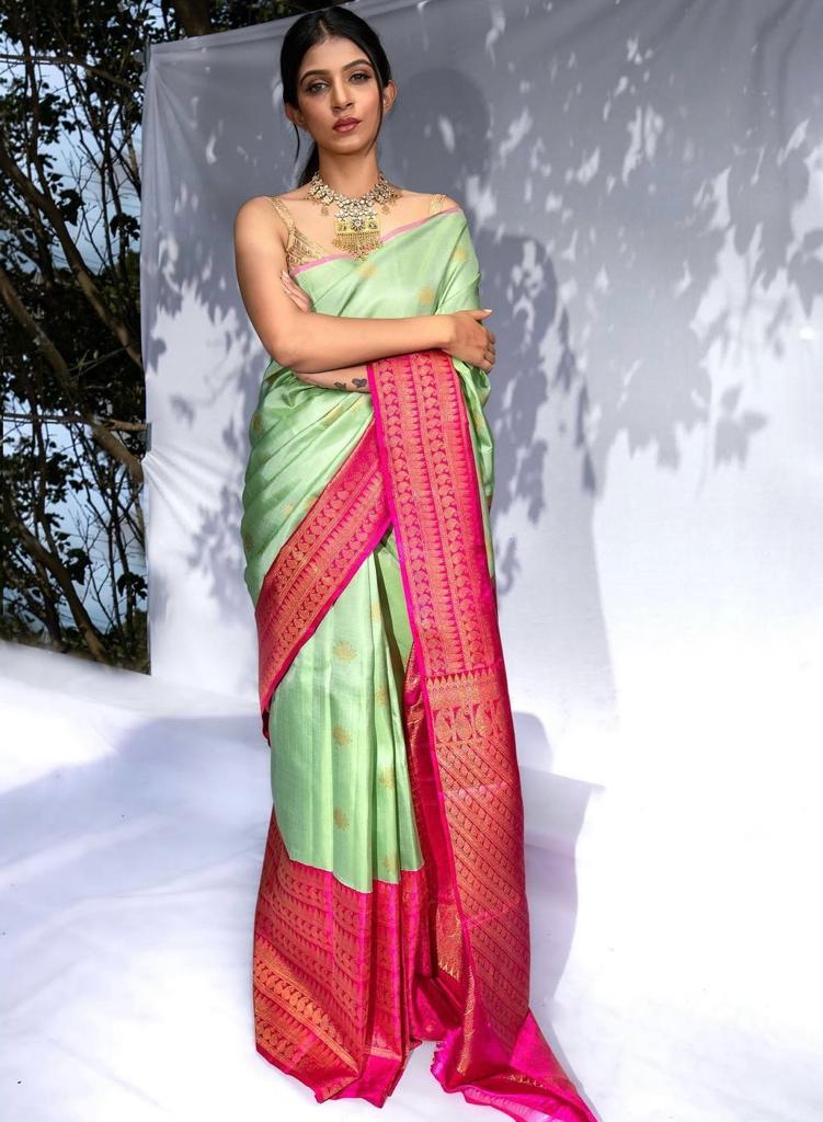 Sublime Pista Color Soft Lichi Silk Saree With Blouse Piece