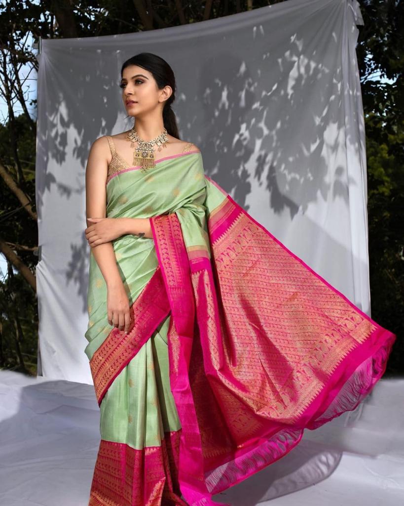 Sublime Pista Color Soft Lichi Silk Saree With Blouse Piece