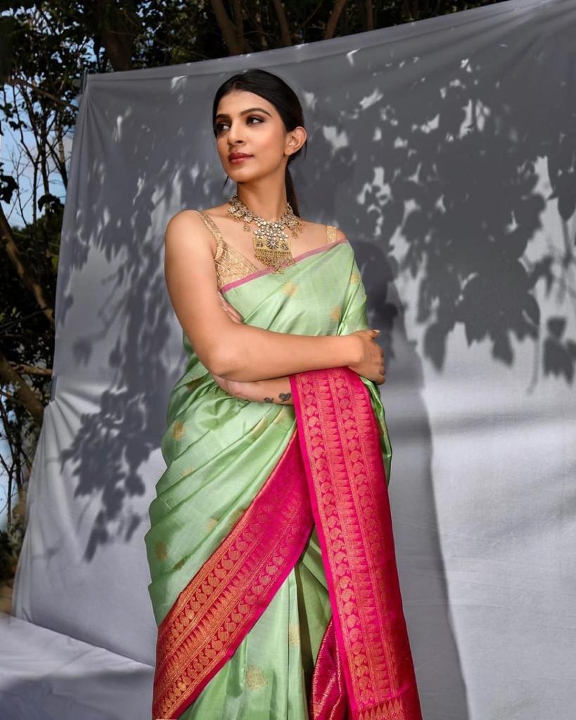 Sublime Pista Color Soft Lichi Silk Saree With Blouse Piece