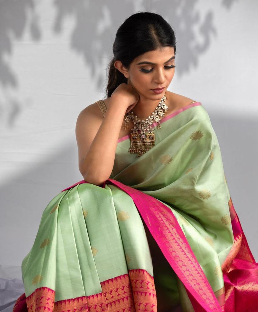 Sublime Pista Color Soft Lichi Silk Saree With Blouse Piece