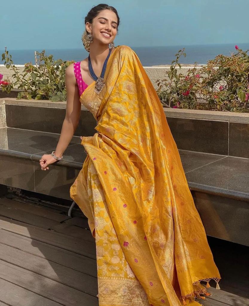 Majestic Yellow Color Soft Lichi Silk Saree With Blouse Piece