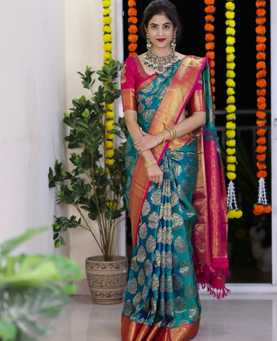 Breathtaking Rama Green Color Soft Lichi Silk Saree With Blouse Piece