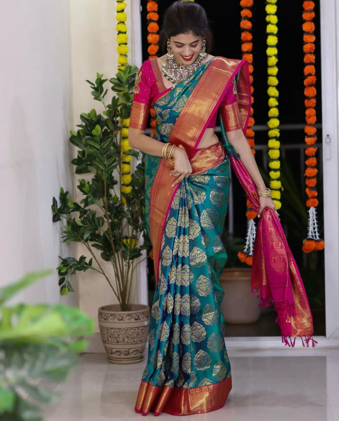 Breathtaking Rama Green Color Soft Lichi Silk Saree With Blouse Piece