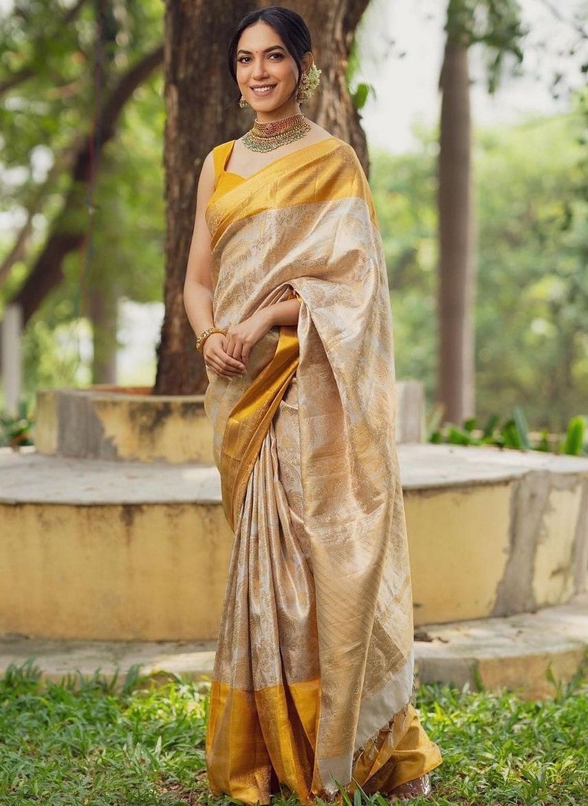 Irresistible Beige Color Soft Lichi Silk Saree With Blouse Piece