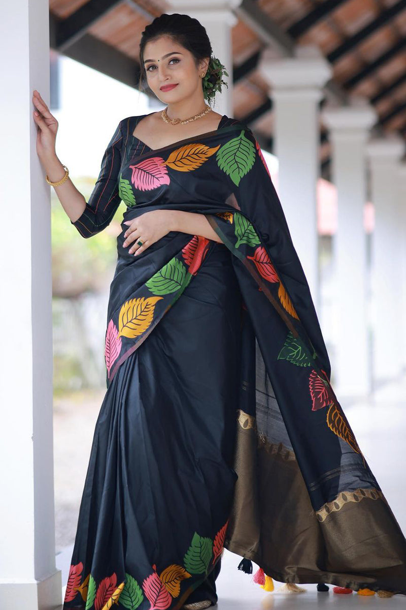 Sublime Black Color Soft Lichi Silk Saree With Blouse Piece