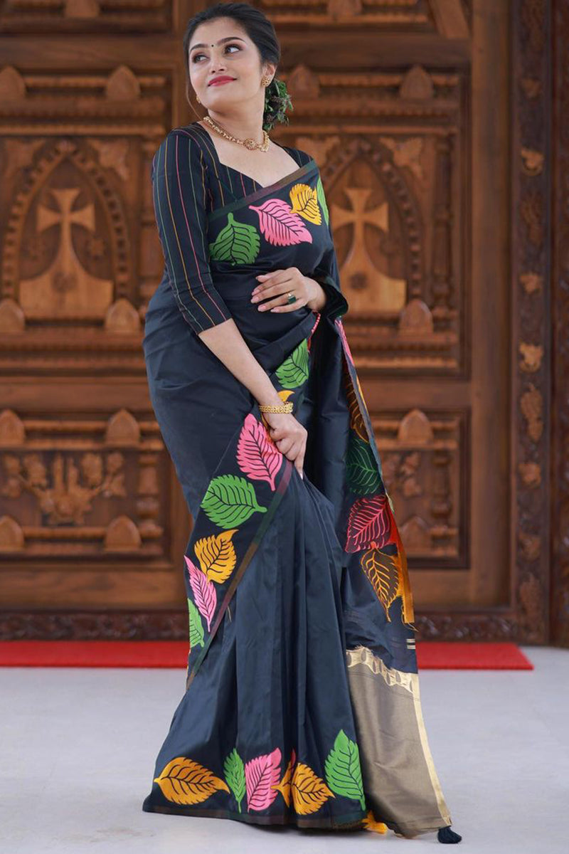 Sublime Black Color Soft Lichi Silk Saree With Blouse Piece