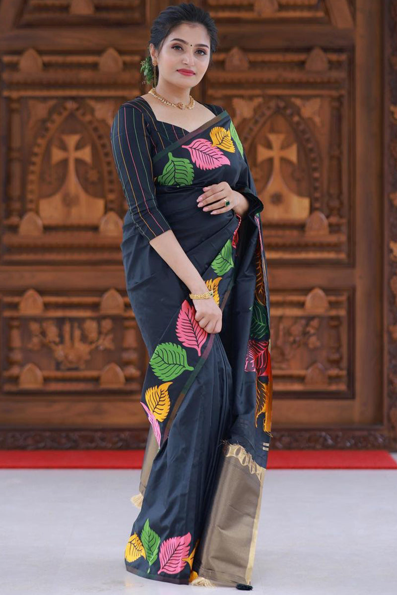 Sublime Black Color Soft Lichi Silk Saree With Blouse Piece