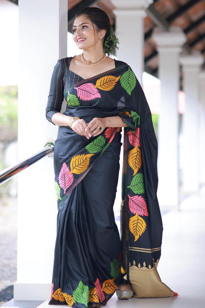 Sublime Black Color Soft Lichi Silk Saree With Blouse Piece