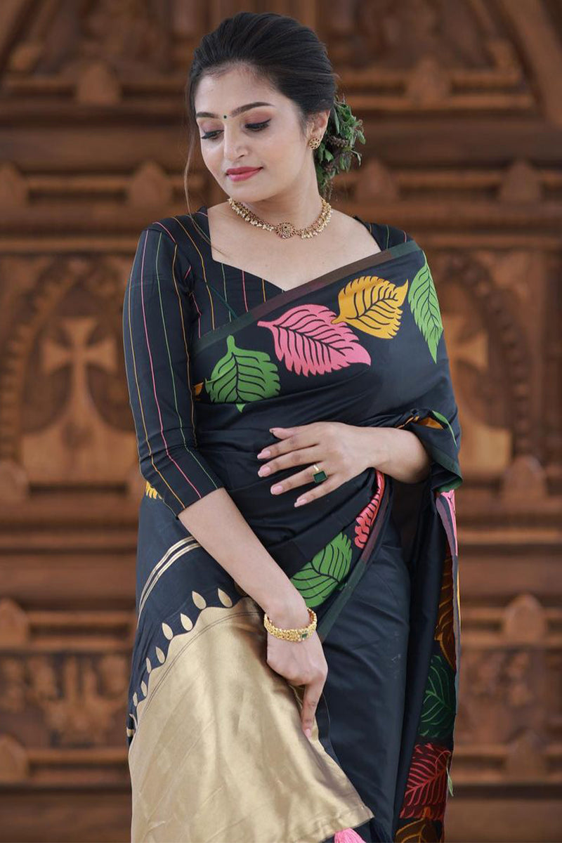 Sublime Black Color Soft Lichi Silk Saree With Blouse Piece