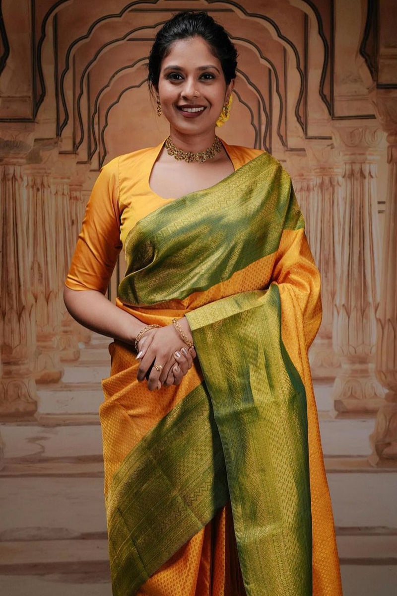 Captivating Yellow Color Soft Lichi Silk Saree With Blouse Piece