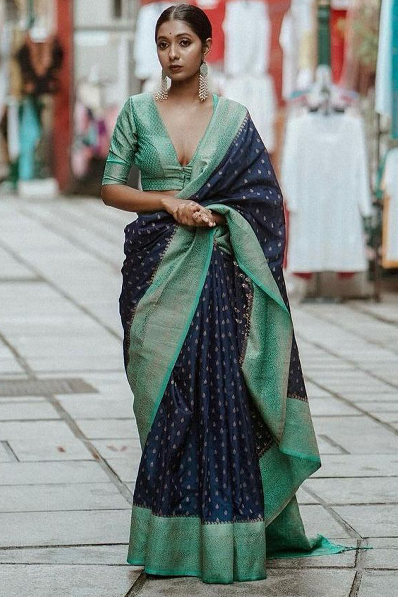 Breezy Navy Blue Color Soft Lichi Silk Saree With Blouse Piece