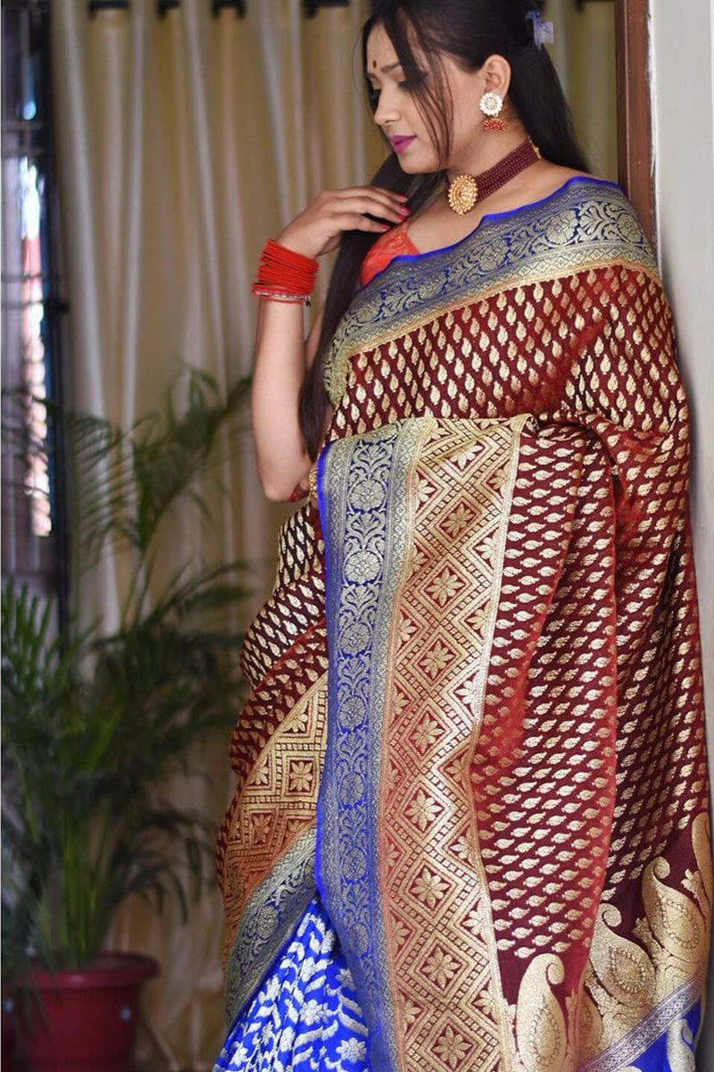 Angelic Wine Color Soft Lichi Silk Saree With Blouse Piece