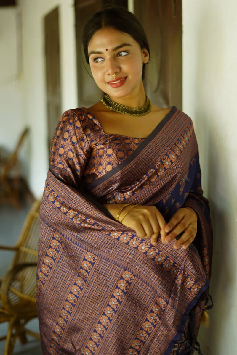 Opulent Blue Color Soft Lichi Silk Saree With Blouse Piece