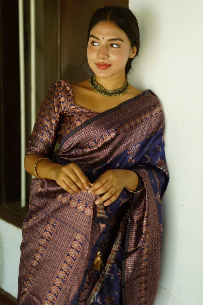 Opulent Blue Color Soft Lichi Silk Saree With Blouse Piece