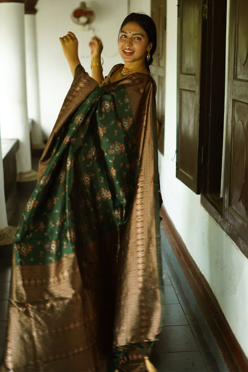 Charming Green Color Soft Lichi Silk Saree With Blouse Piece