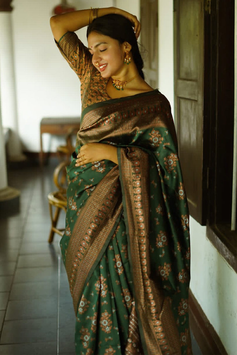 Charming Green Color Soft Lichi Silk Saree With Blouse Piece