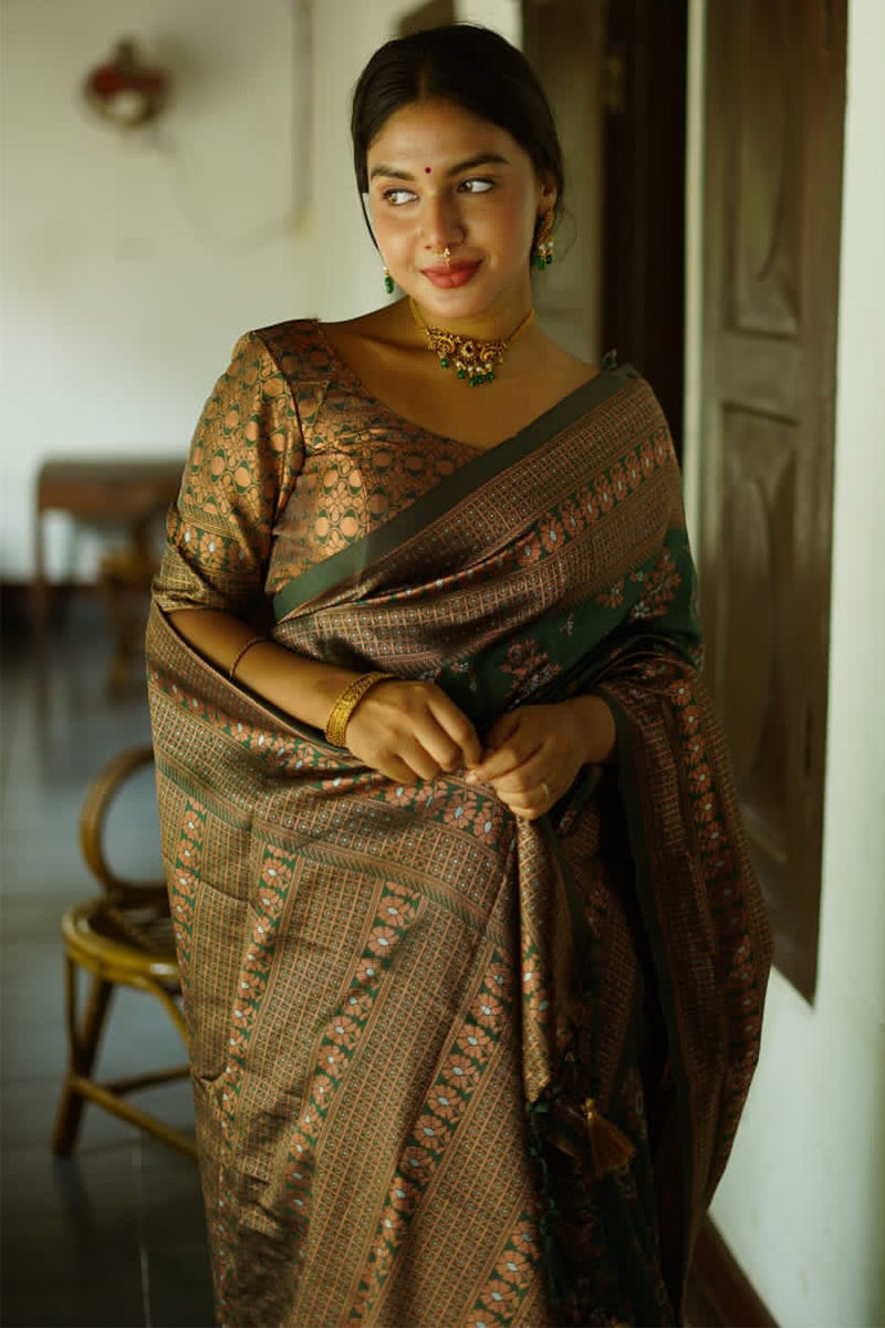 Charming Green Color Soft Lichi Silk Saree With Blouse Piece