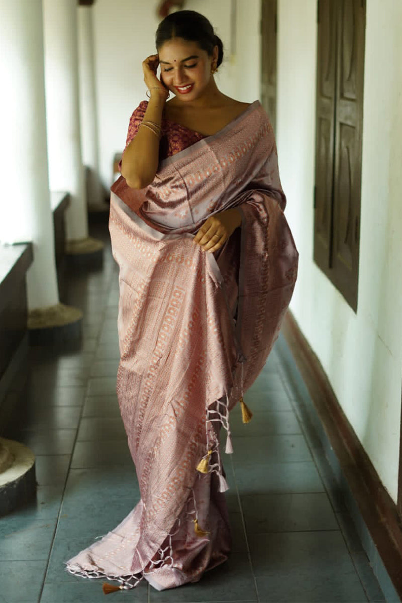 Eye-catching Grey Color Soft Lichi Silk Saree With Blouse Piece