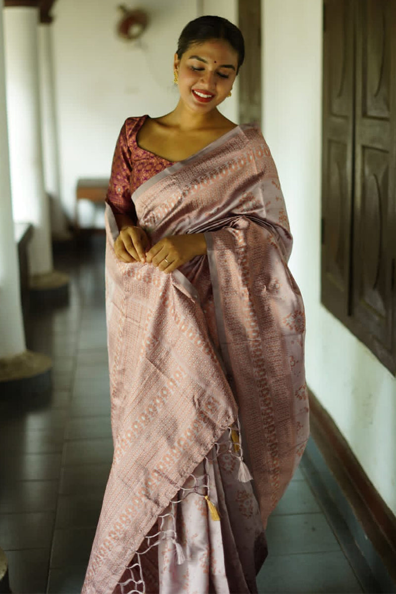 Eye-catching Grey Color Soft Lichi Silk Saree With Blouse Piece