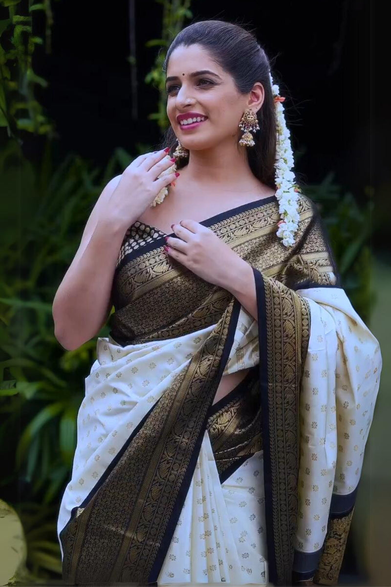 Radiating Off White Color Soft Lichi Silk Saree With Blouse Piece