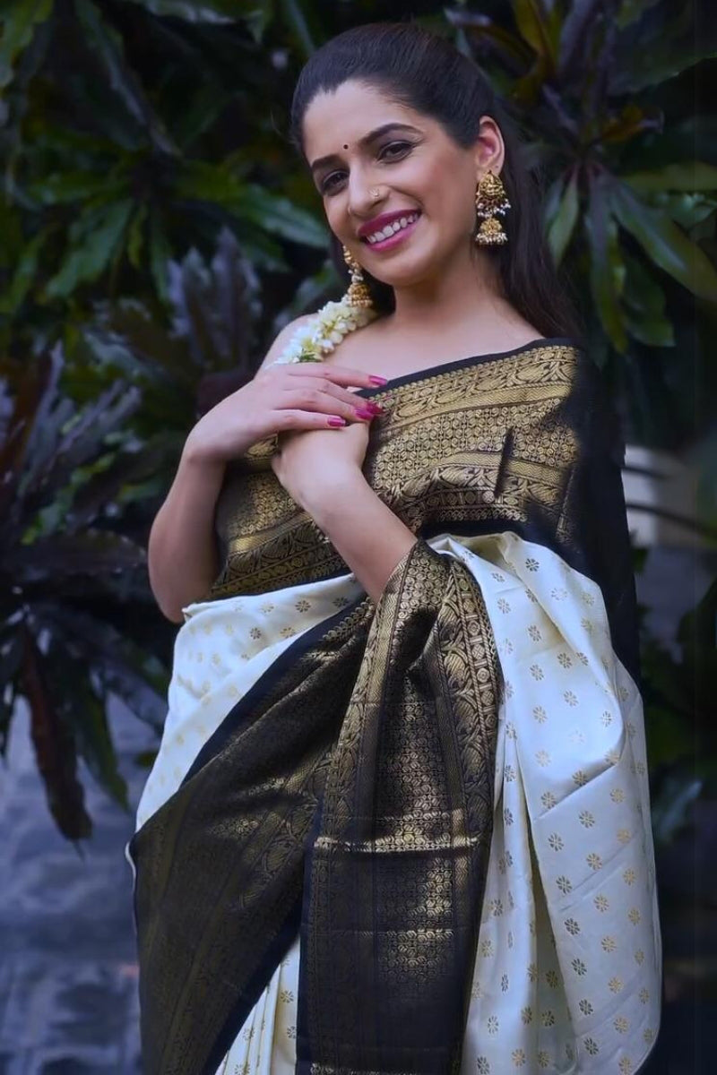 Radiating Off White Color Soft Lichi Silk Saree With Blouse Piece