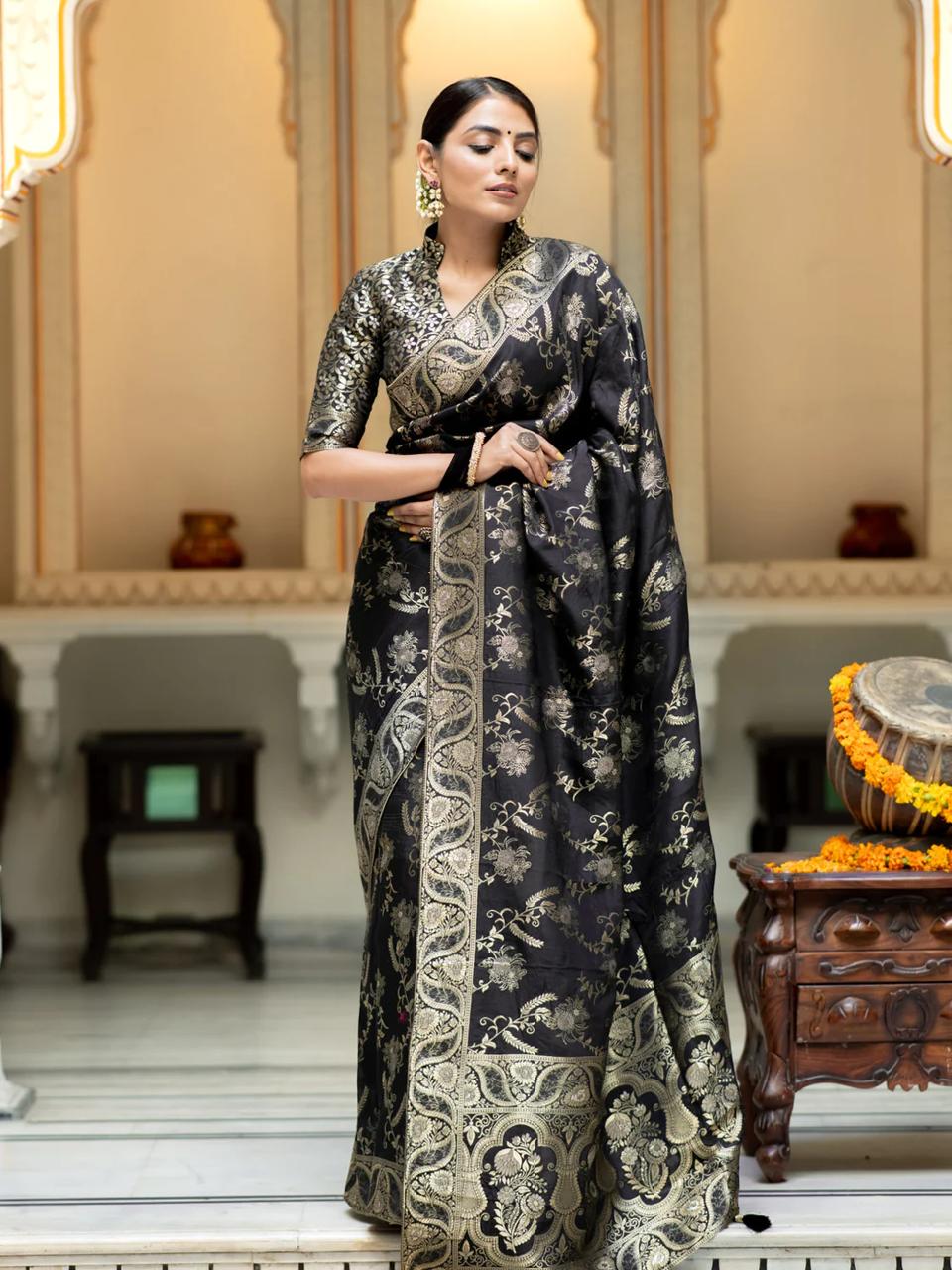 Divine Black Color Soft Lichi Silk Saree With Blouse Piece