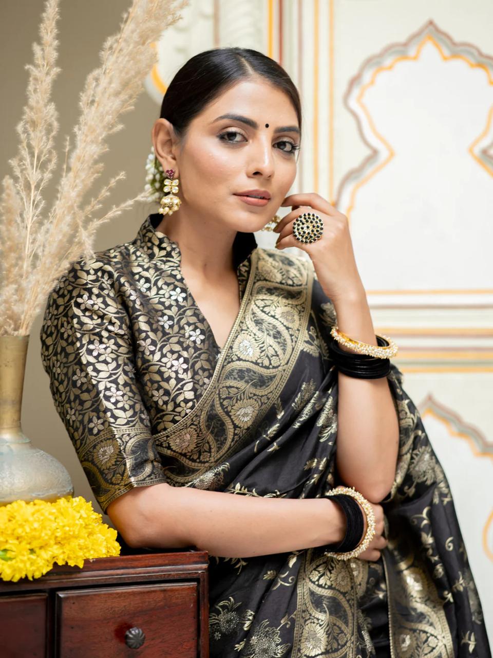 Divine Black Color Soft Lichi Silk Saree With Blouse Piece