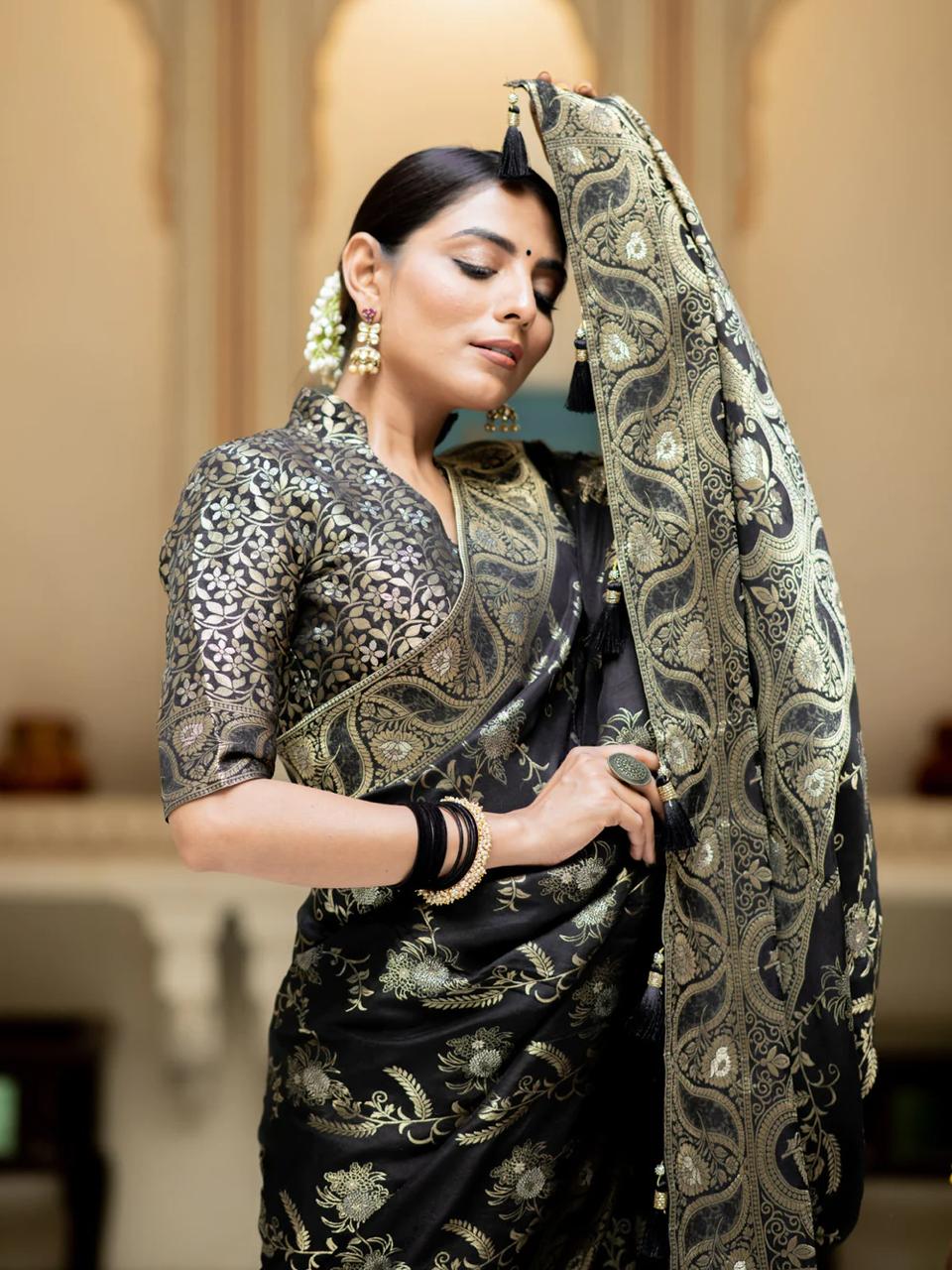 Divine Black Color Soft Lichi Silk Saree With Blouse Piece