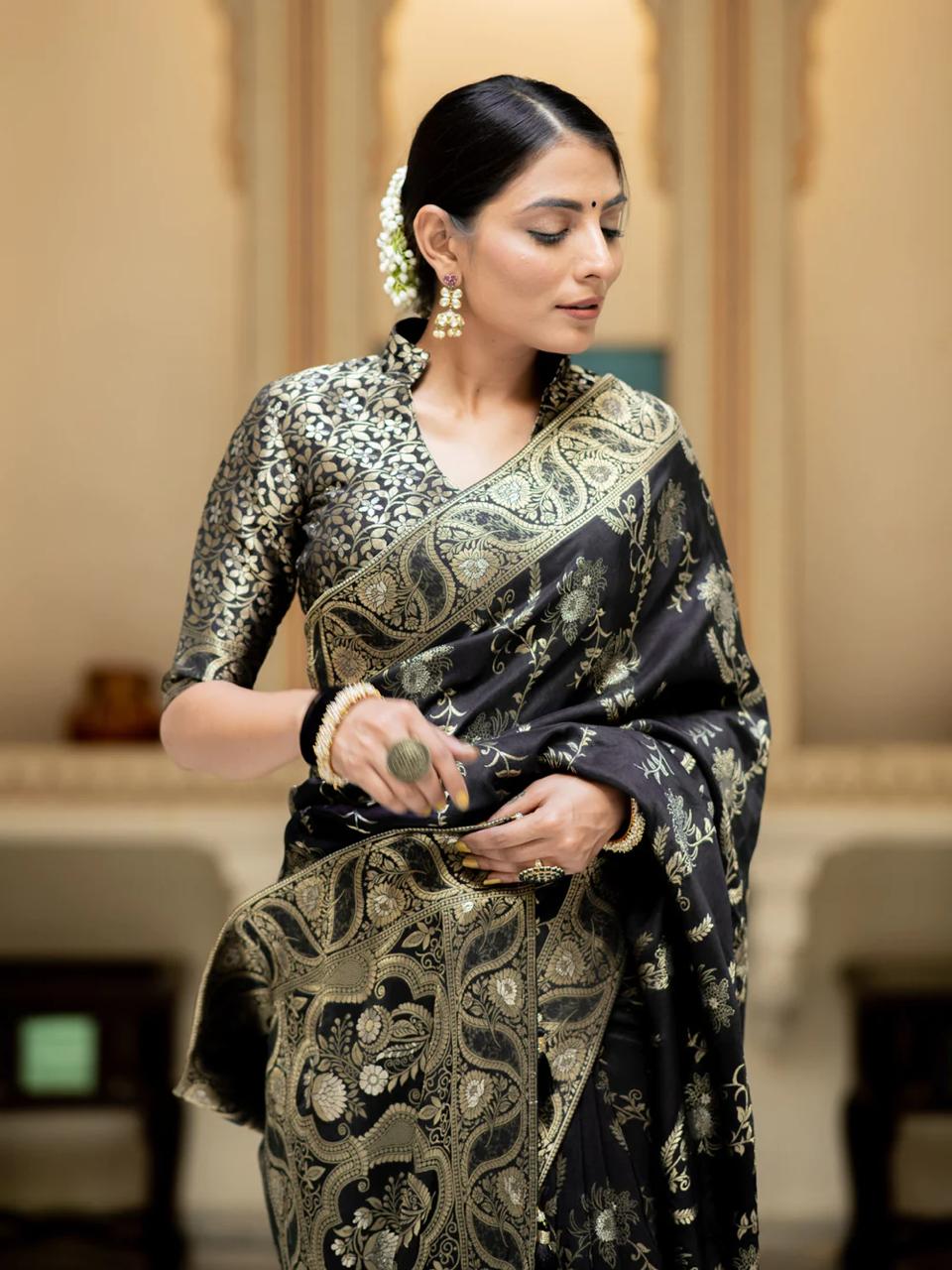 Divine Black Color Soft Lichi Silk Saree With Blouse Piece