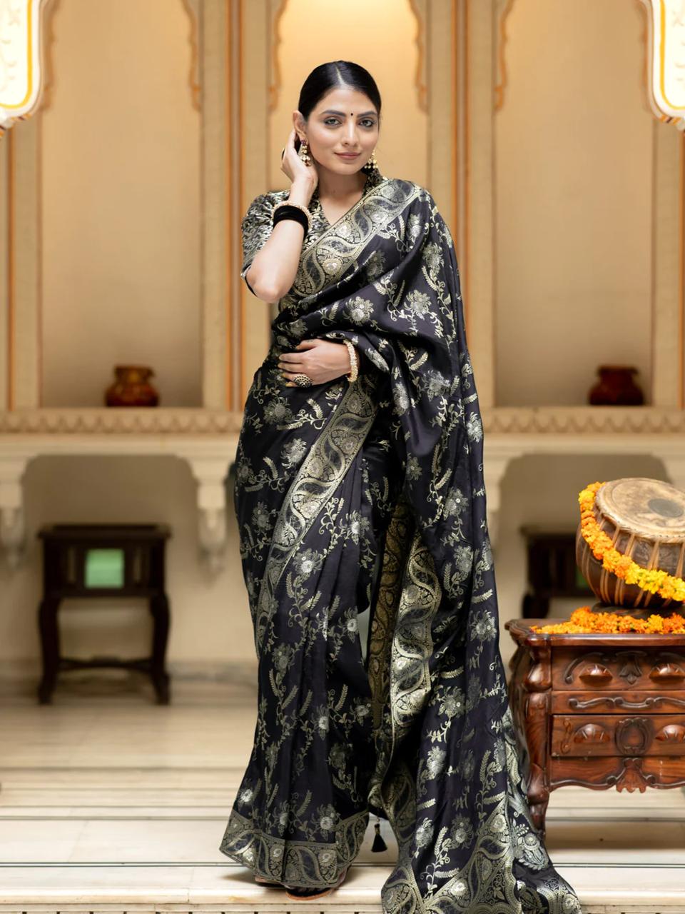 Divine Black Color Soft Lichi Silk Saree With Blouse Piece