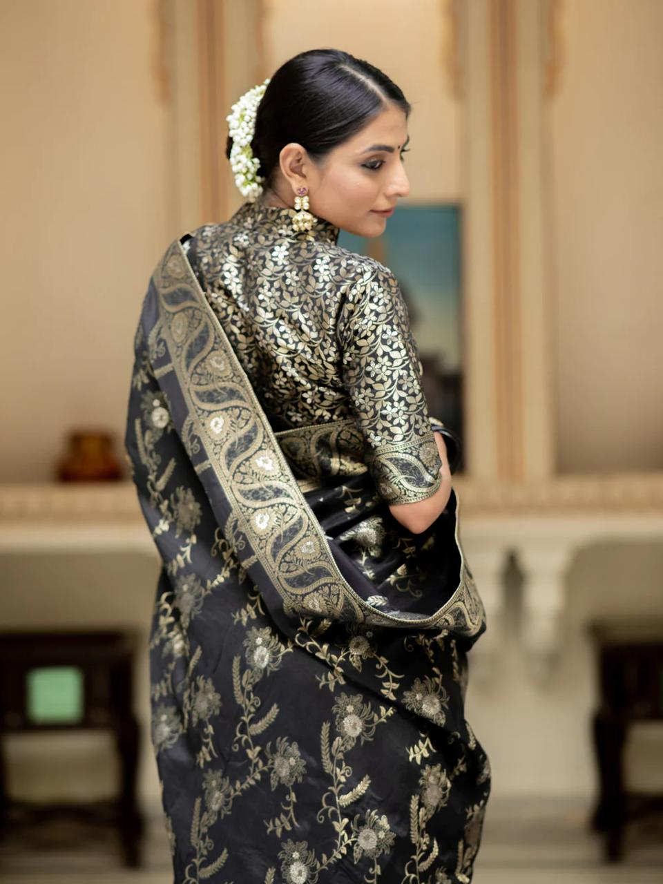 Divine Black Color Soft Lichi Silk Saree With Blouse Piece