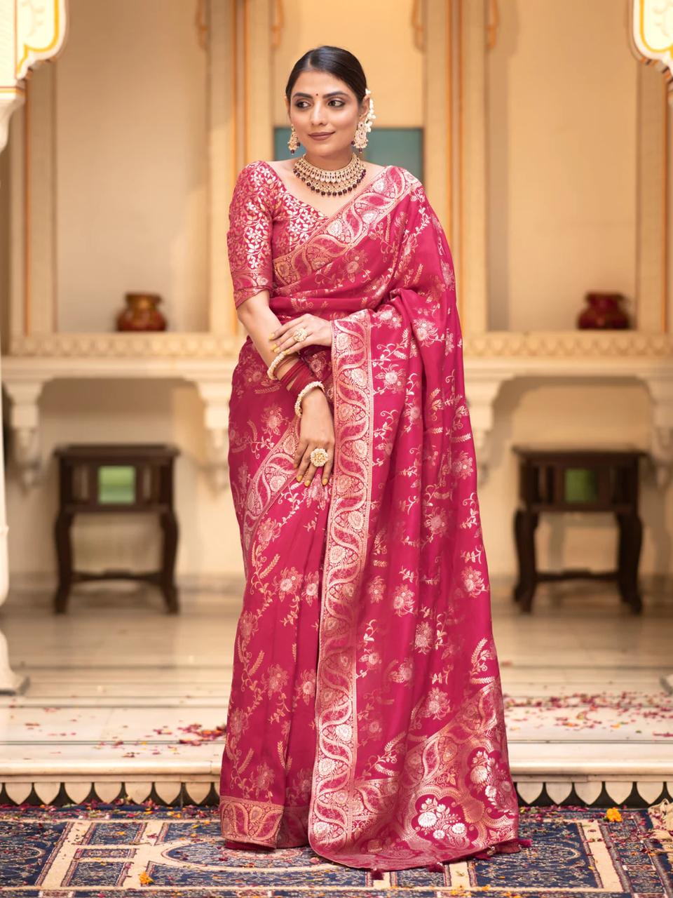 Magnificence Dark Pink Color Soft Lichi Silk Saree With Blouse Piece