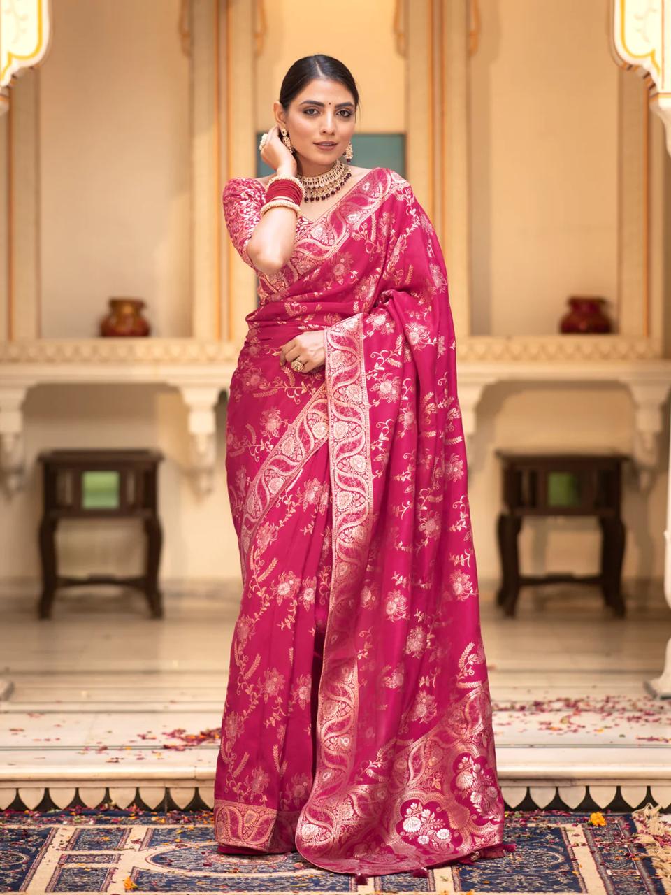 Magnificence Dark Pink Color Soft Lichi Silk Saree With Blouse Piece