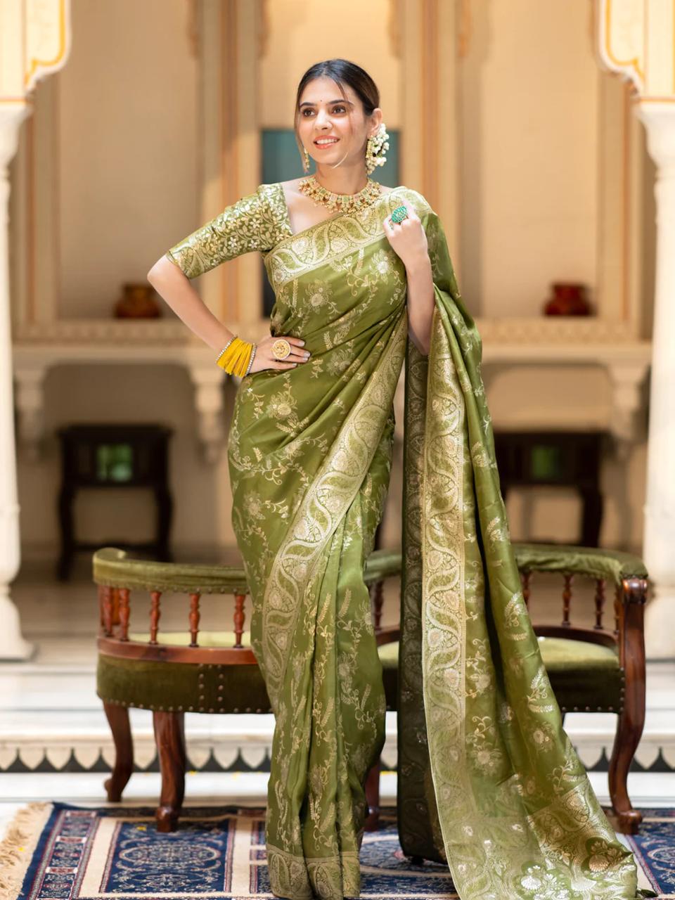 Invigorating Mehndi Color Soft Lichi Silk Saree With Blouse Piece