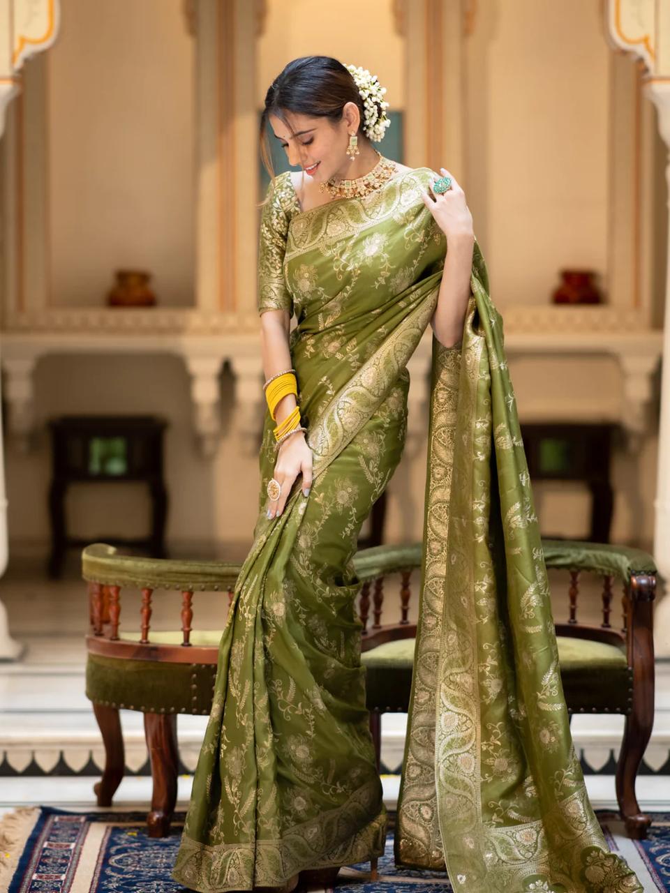 Invigorating Mehndi Color Soft Lichi Silk Saree With Blouse Piece