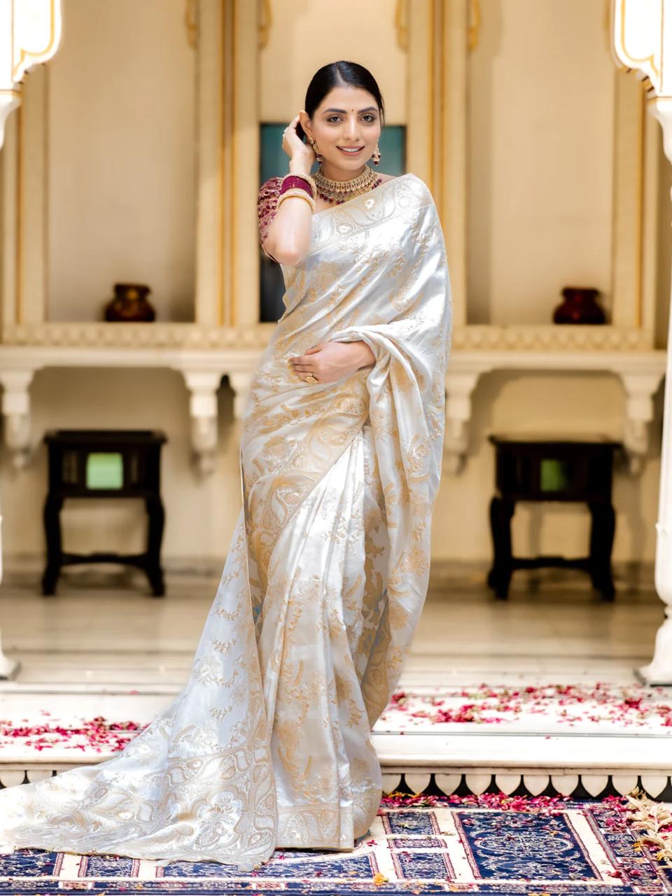 Glistening Off White Color Soft Lichi Silk Saree With Blouse Piece