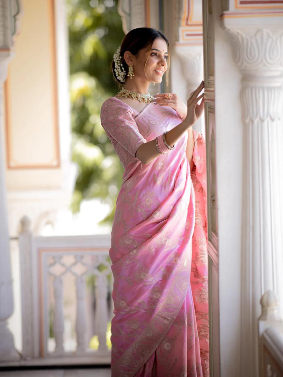 Bewitching Pink Color Soft Lichi Silk Saree With Blouse Piece