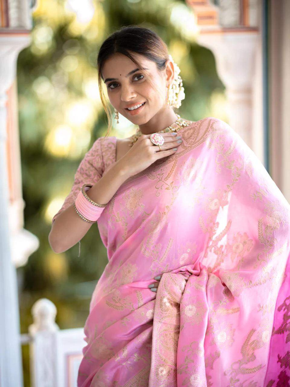 Bewitching Pink Color Soft Lichi Silk Saree With Blouse Piece