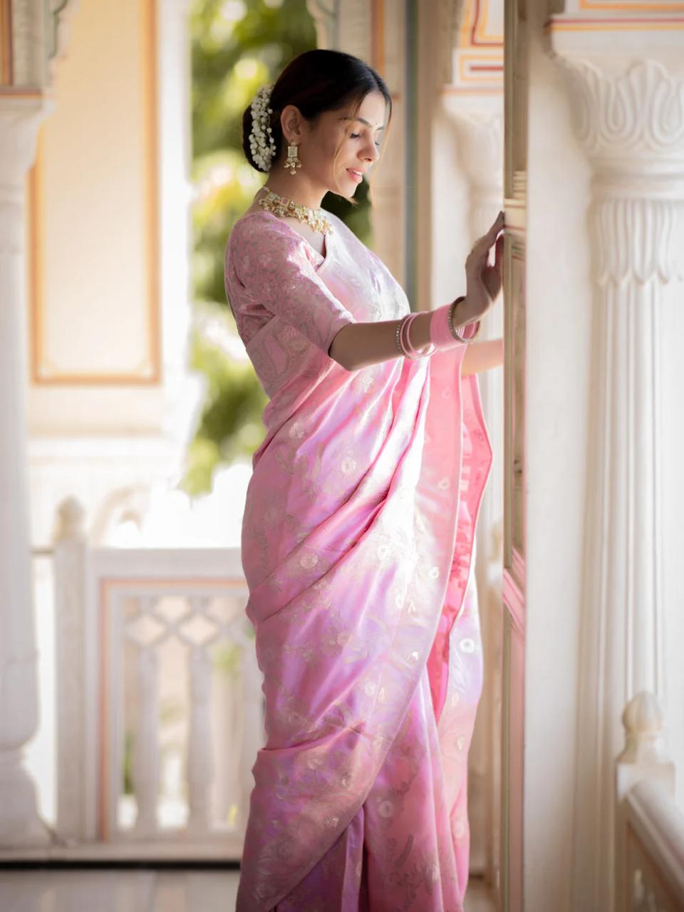 Bewitching Pink Color Soft Lichi Silk Saree With Blouse Piece