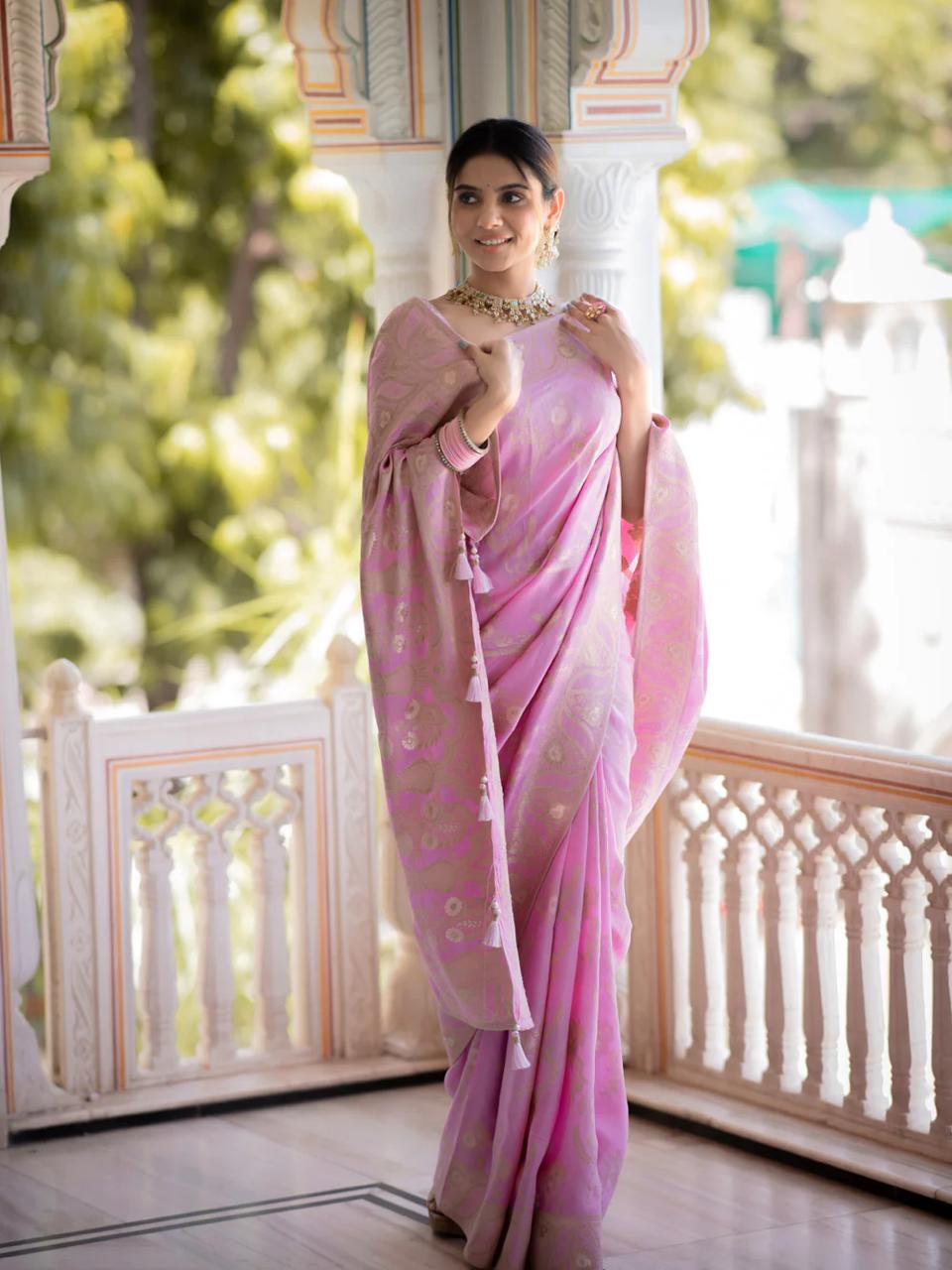 Bewitching Pink Color Soft Lichi Silk Saree With Blouse Piece