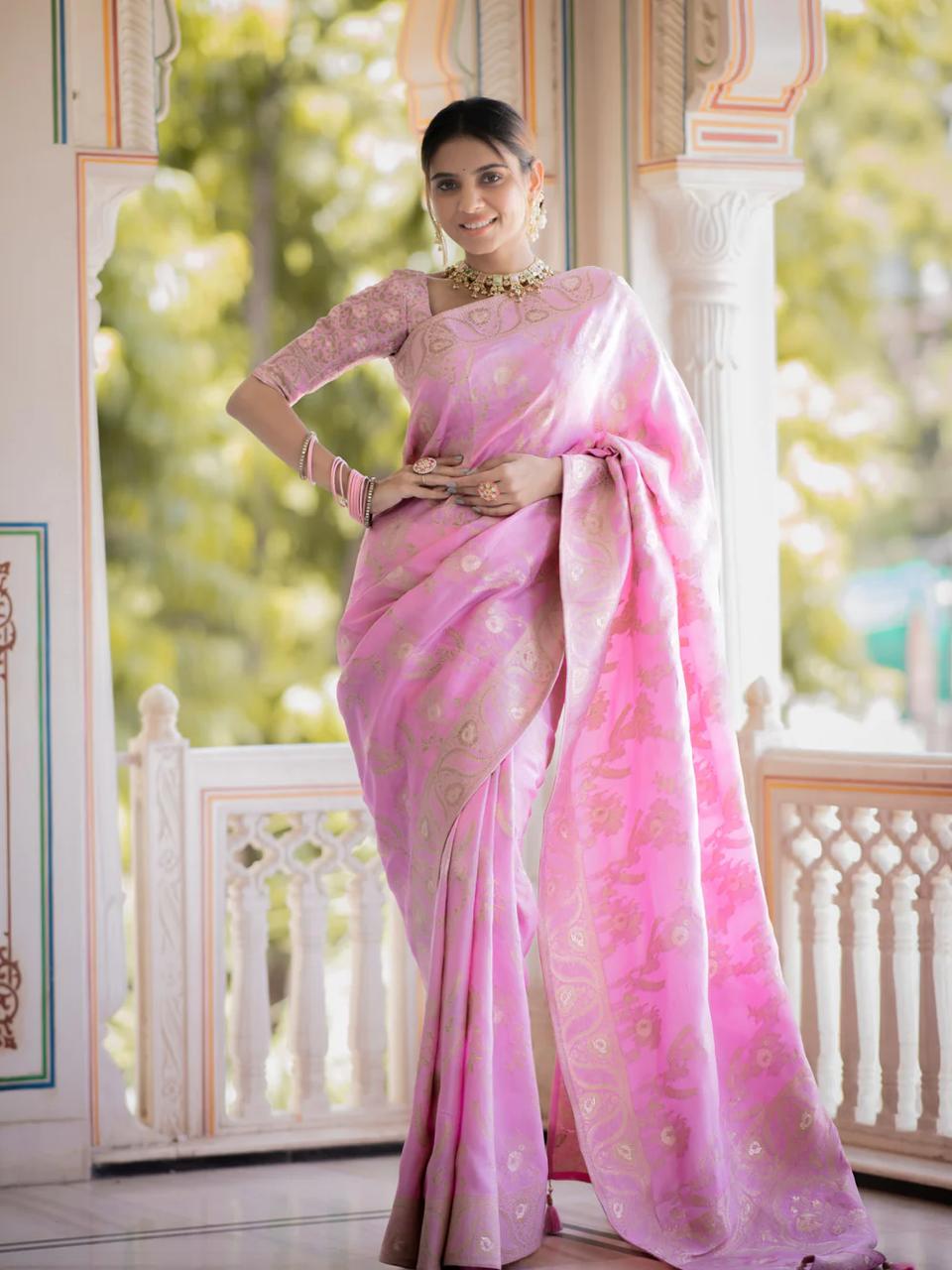 Bewitching Pink Color Soft Lichi Silk Saree With Blouse Piece