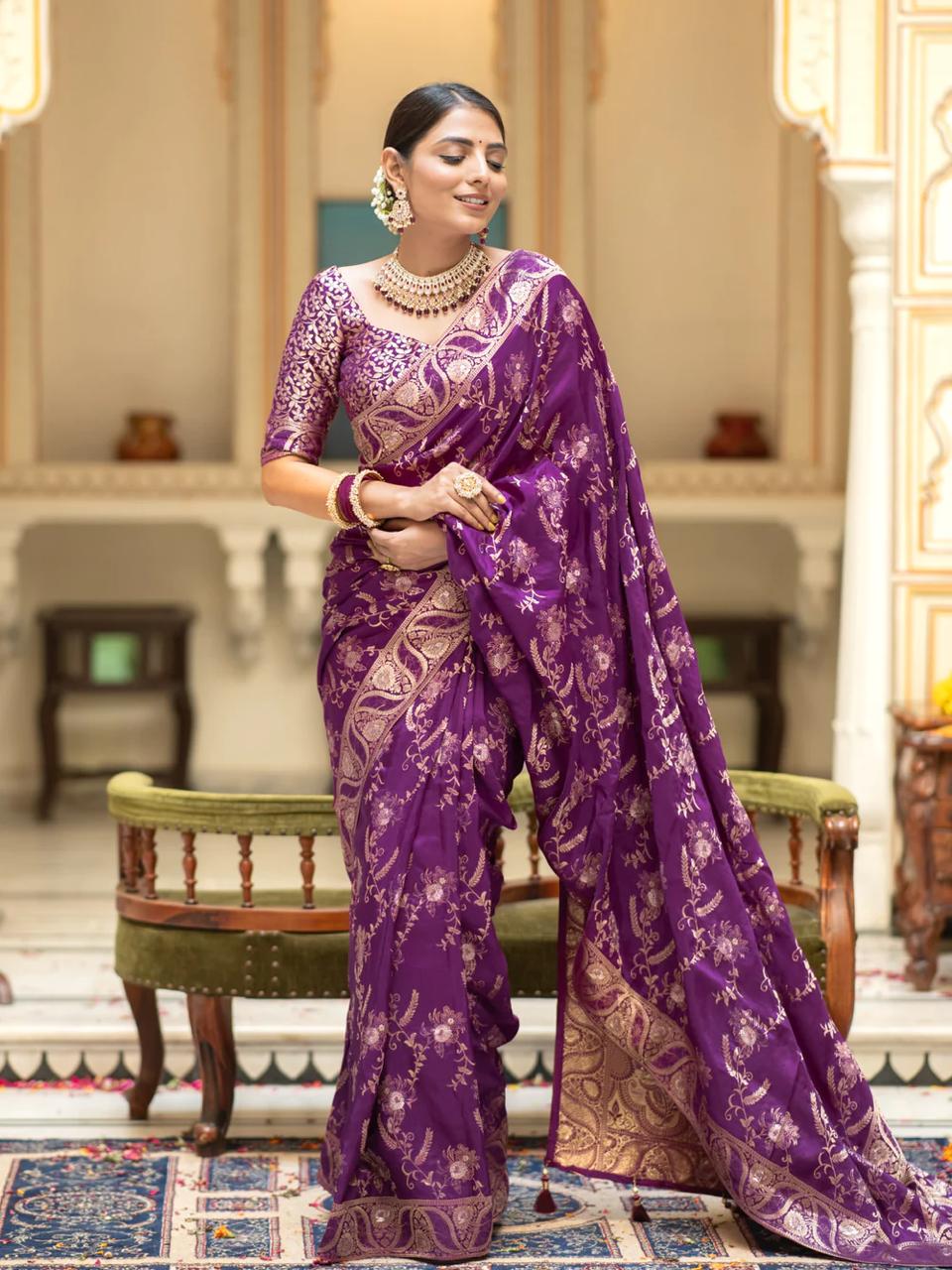 Sublime Purple Color Soft Lichi Silk Saree With Blouse Piece