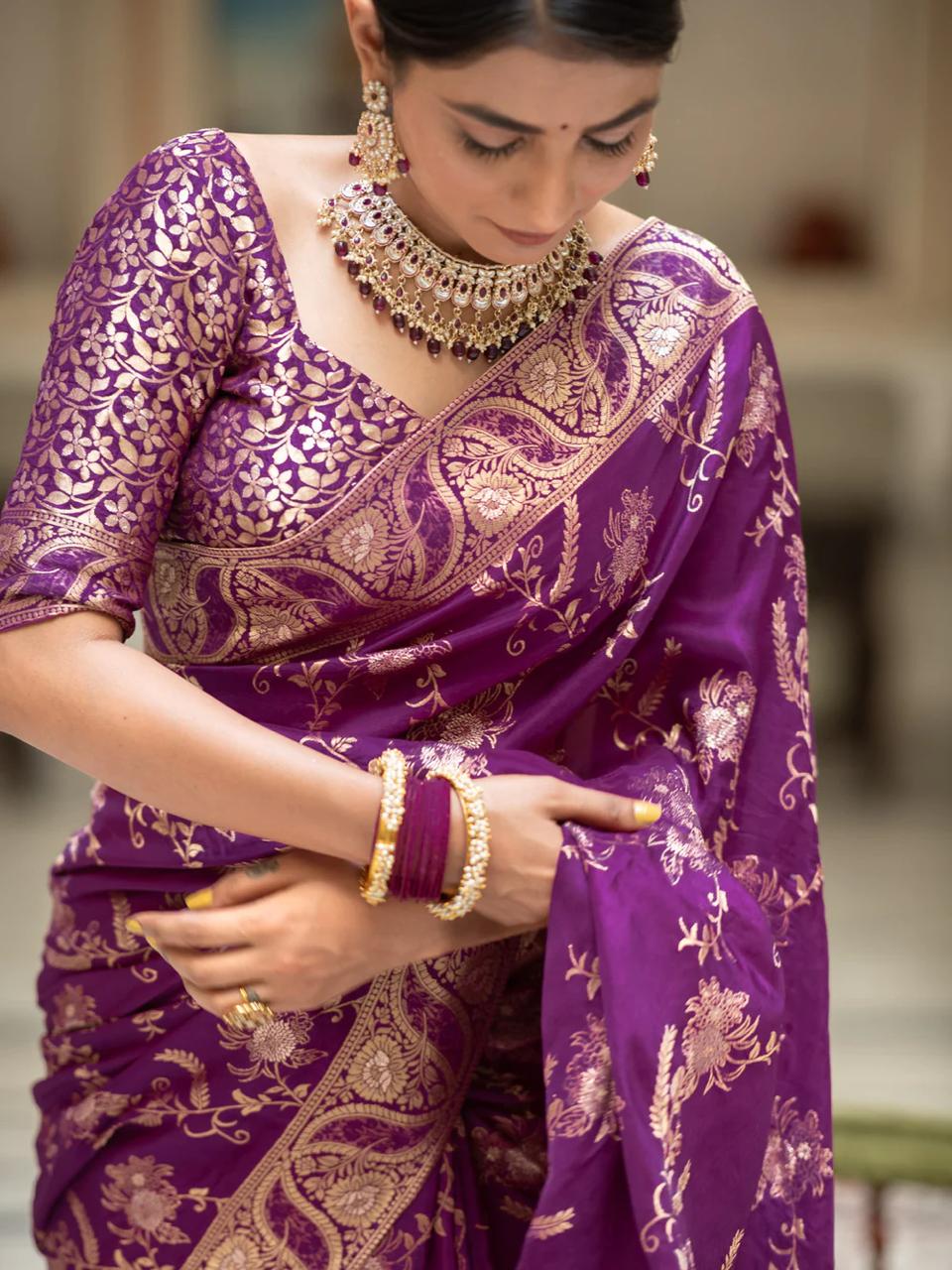 Sublime Purple Color Soft Lichi Silk Saree With Blouse Piece