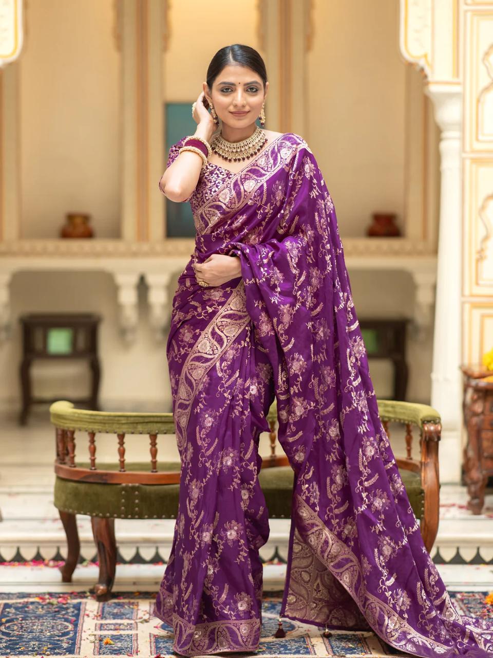 Sublime Purple Color Soft Lichi Silk Saree With Blouse Piece