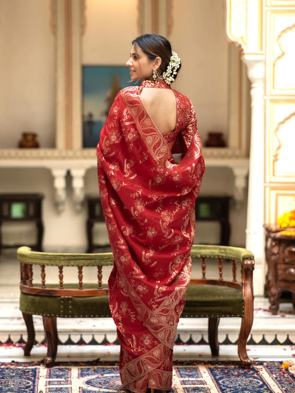 Fascinating Red Color Soft Lichi Silk Saree With Blouse Piece