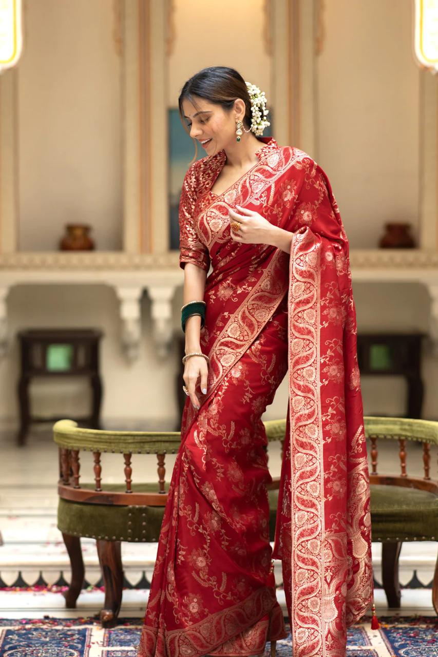 Fascinating Red Color Soft Lichi Silk Saree With Blouse Piece